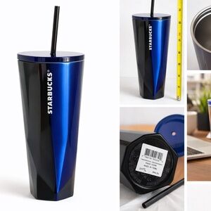 Starbucks Blue Black Metallic Tumbler 24oz Geometric Insulated Cup w/ Straw NEW